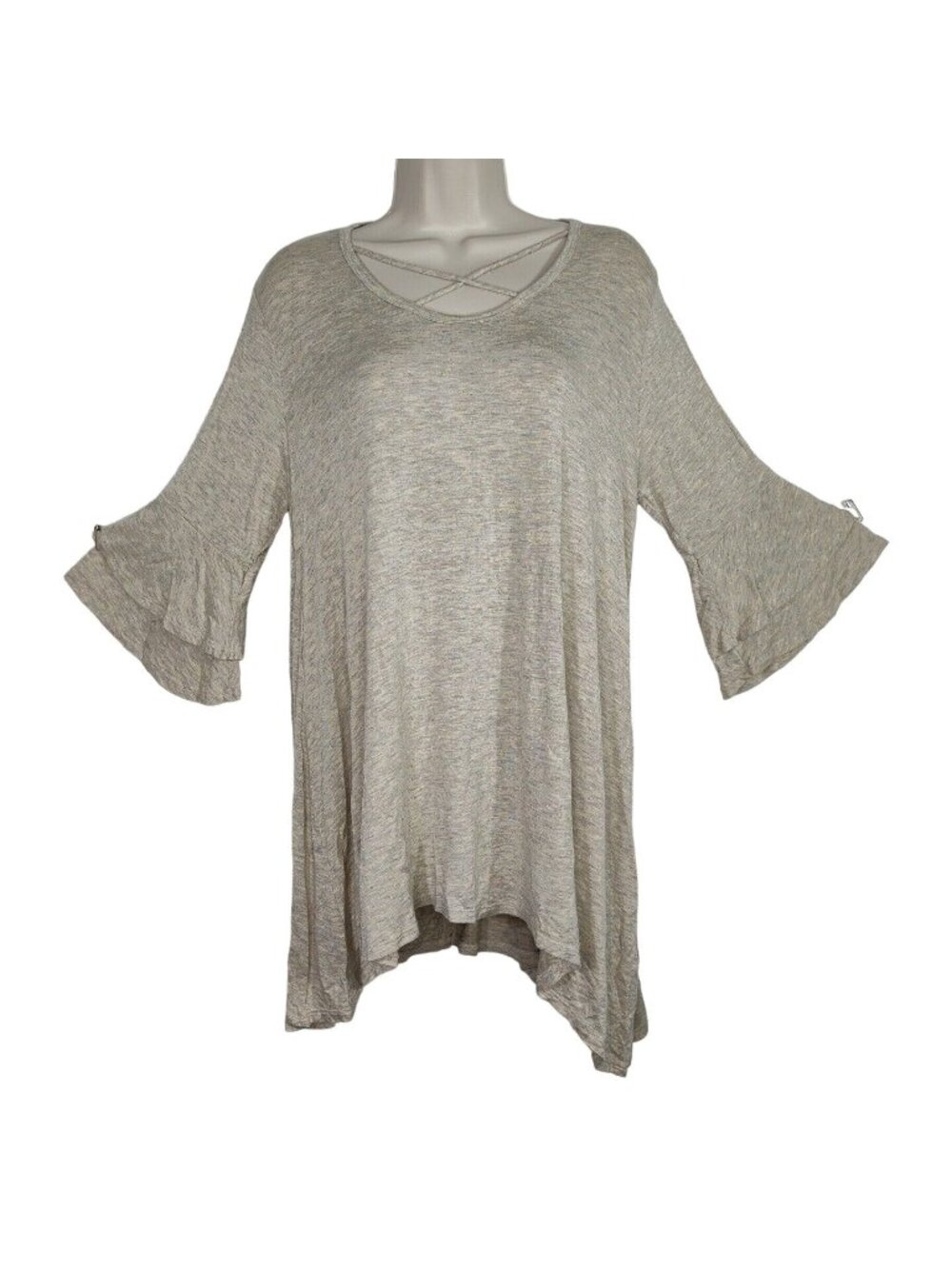 Lovely Souls Heather Tan Grey Tunic Top Jersey Knit Women Size L Asymmetric Hem
